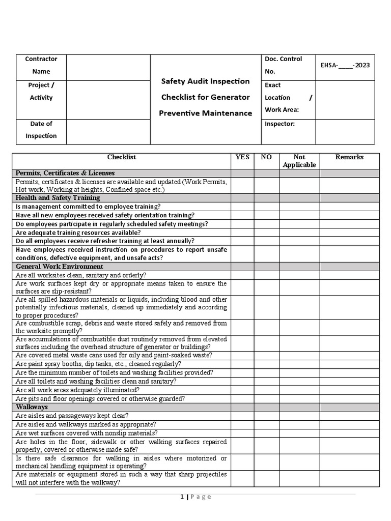 Generator Safety Audit Checklist | PDF | Personal Protective Equipment ...