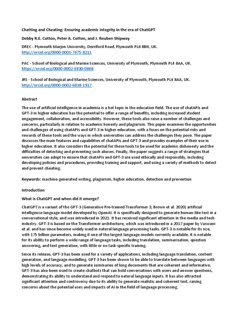 Chatting and Cheating. Ensuring Academic Integrity in The Era of ...