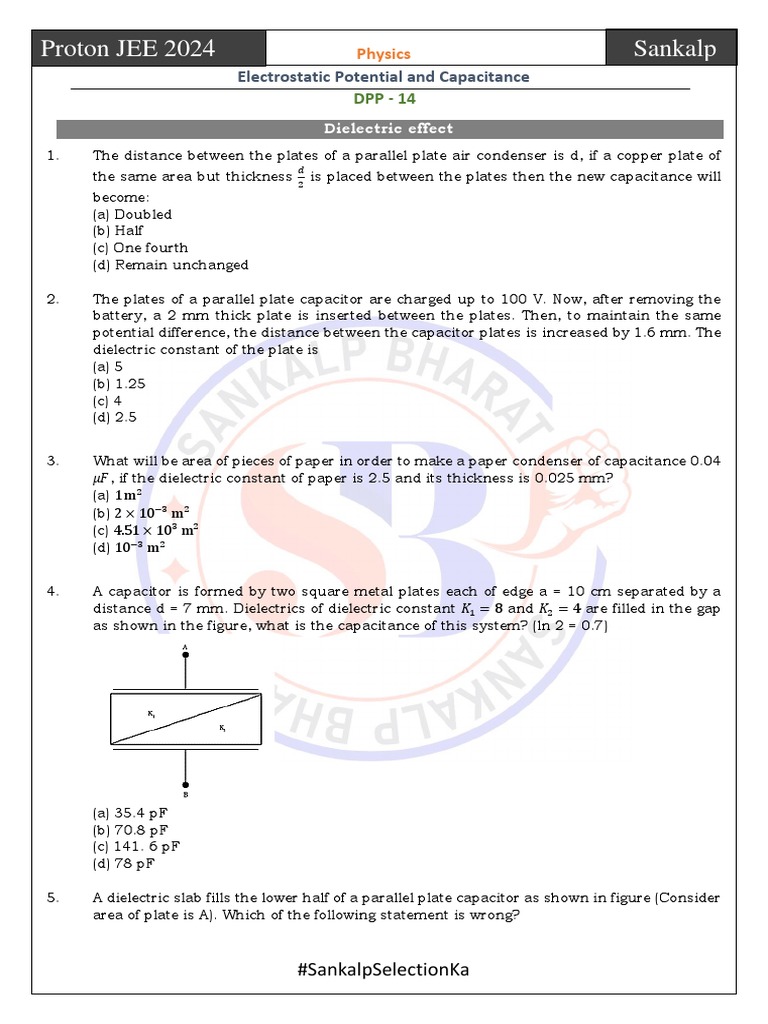 JEE 2024 Electrostatics Practice | PDF | Capacitor | Capacitance