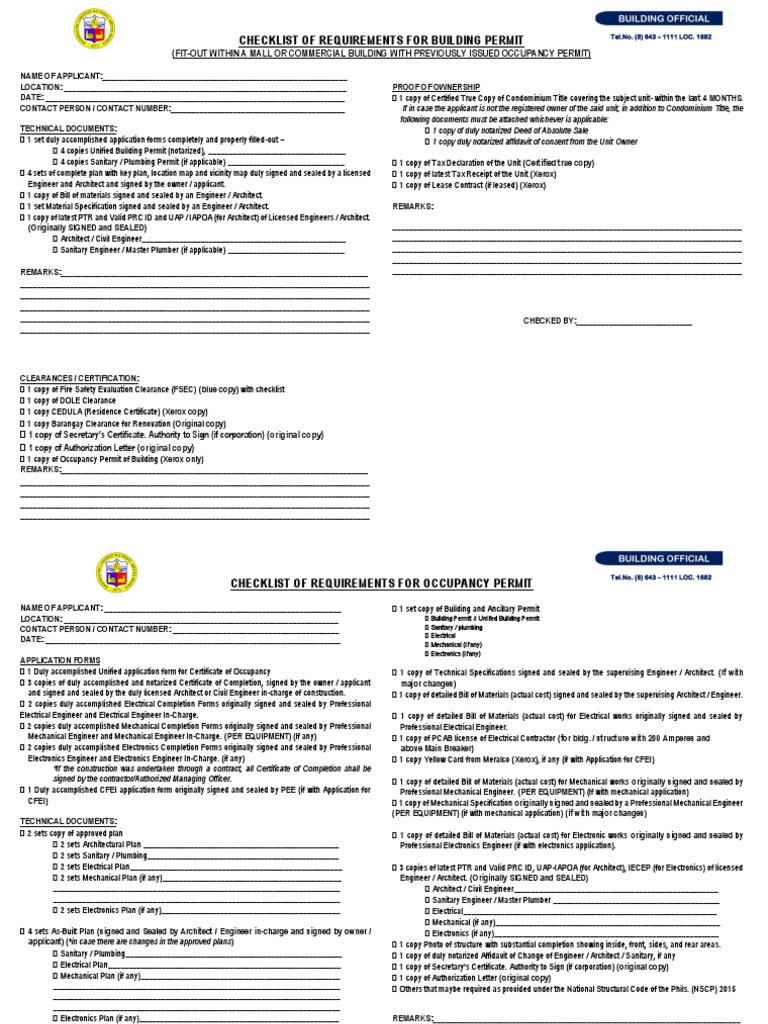 View of Checklist of Requirements For Building Permit and Occupancy (Fit-Out ...