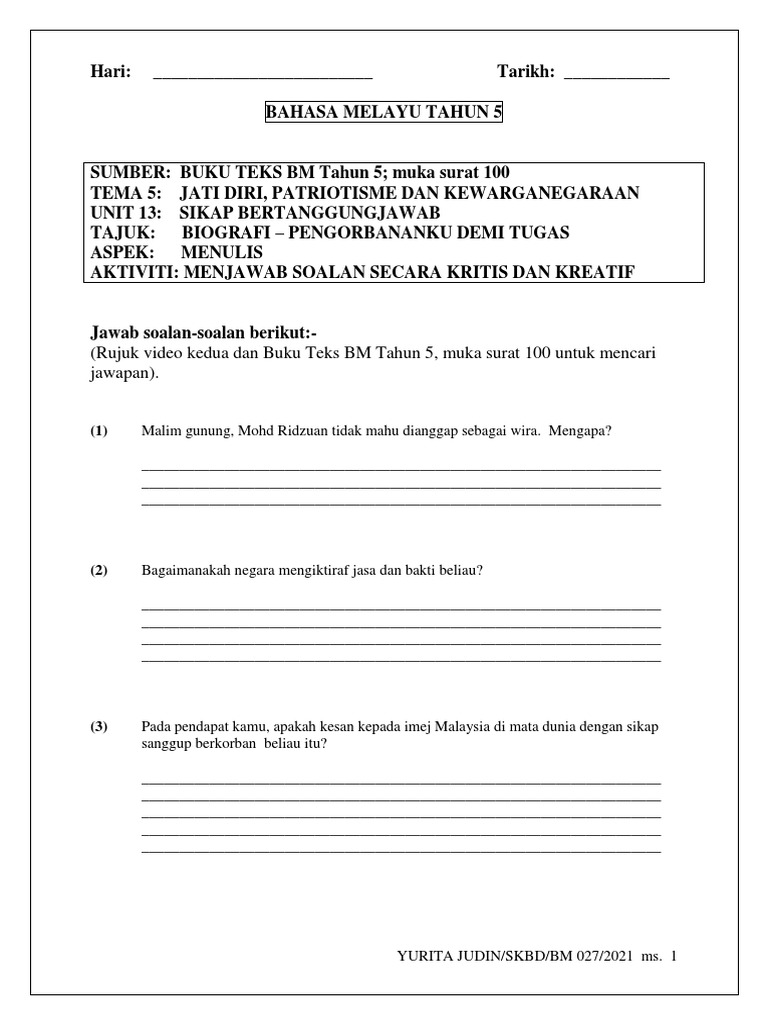 2021 Latihan Buku Teks BM Tahun 5, Unit 13 Biografi Pengorbananku | PDF