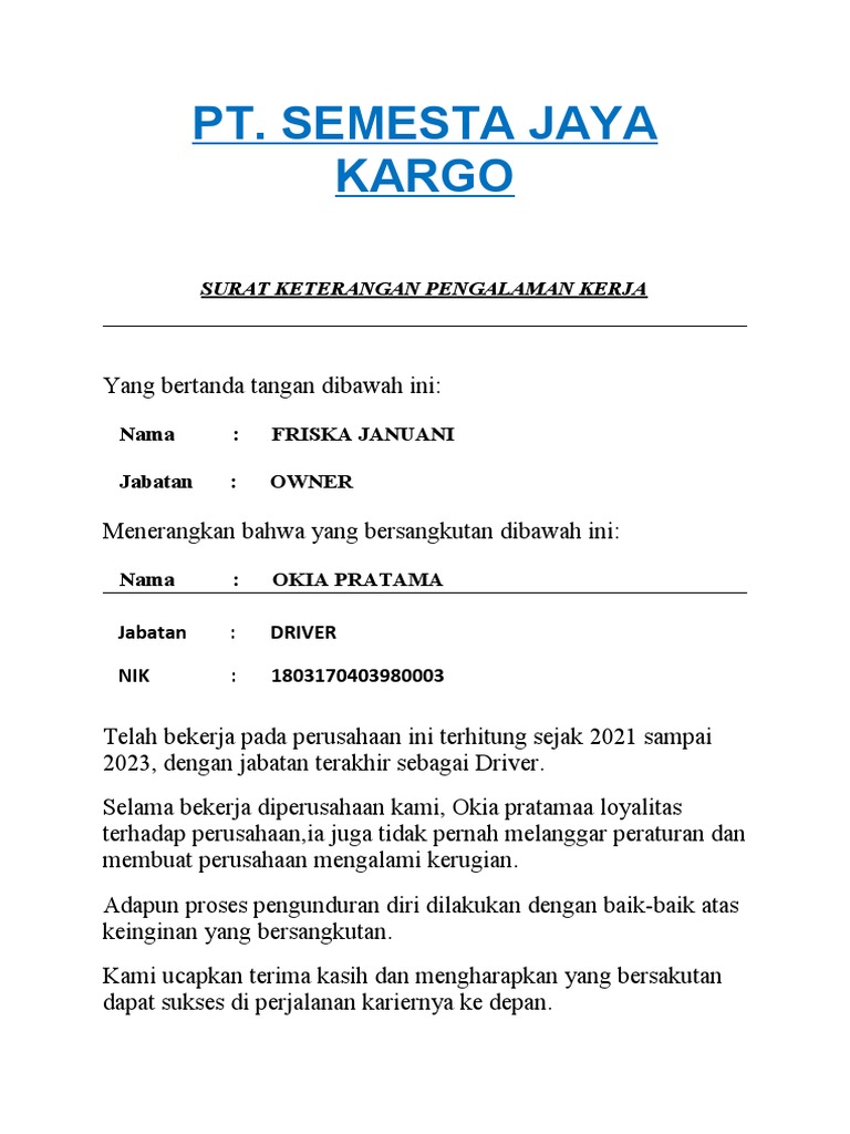 Surat Paklaring Driver PT Semesta Jaya | PDF | Karier & Perkembangan ...