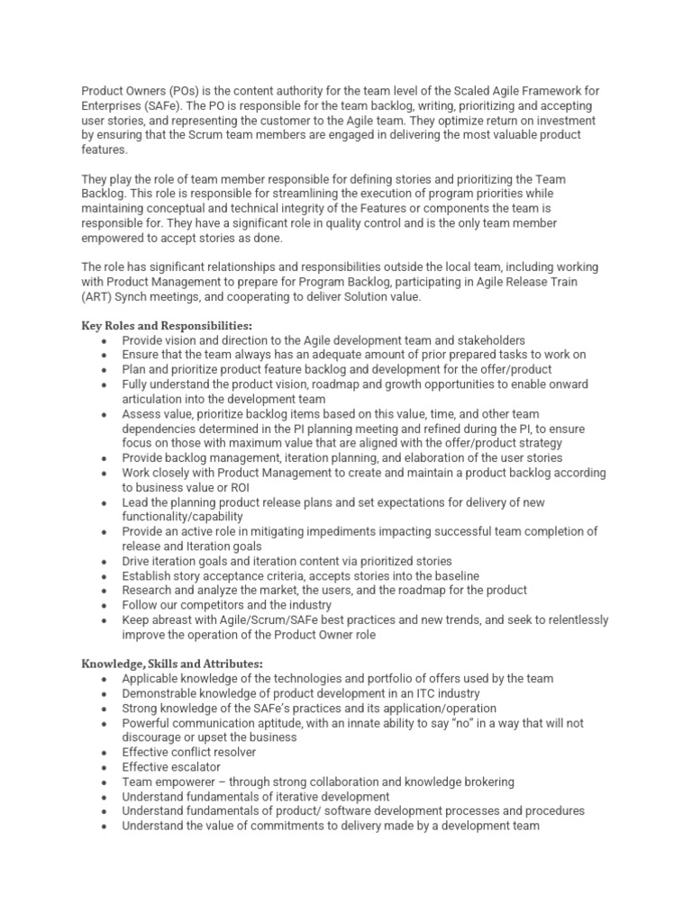 Product Owner Roles and Responsibilities | PDF | Scrum (Software ...
