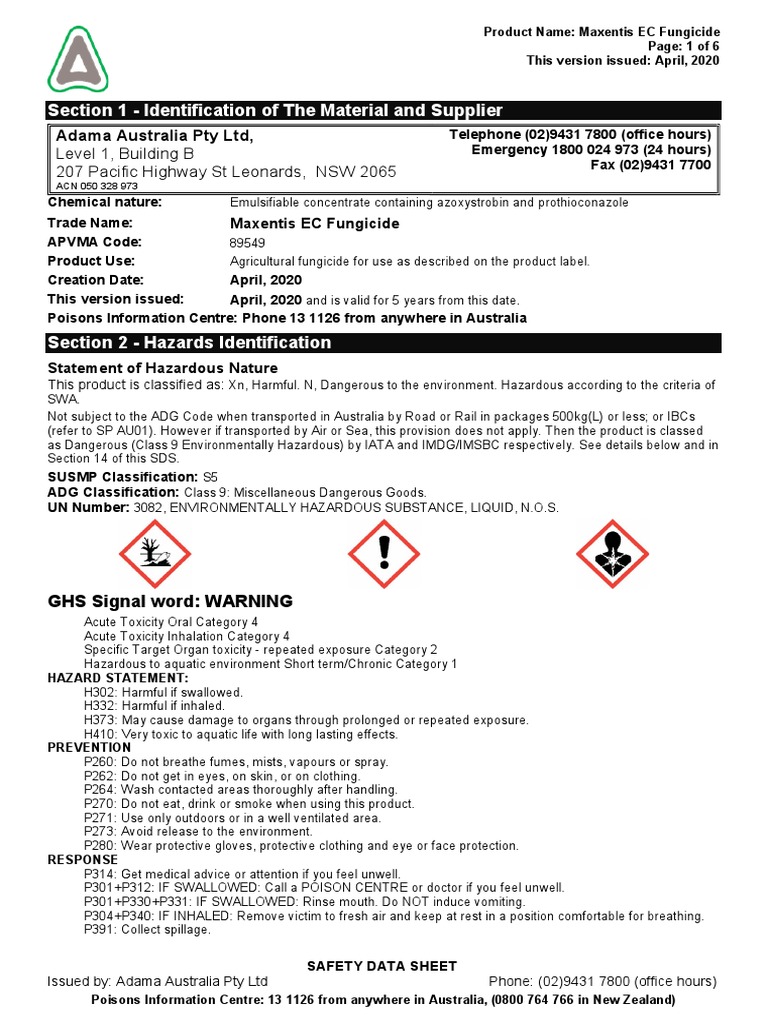 Maxentis EC Fungicide Safety Data Sheet | PDF | Dangerous Goods ...