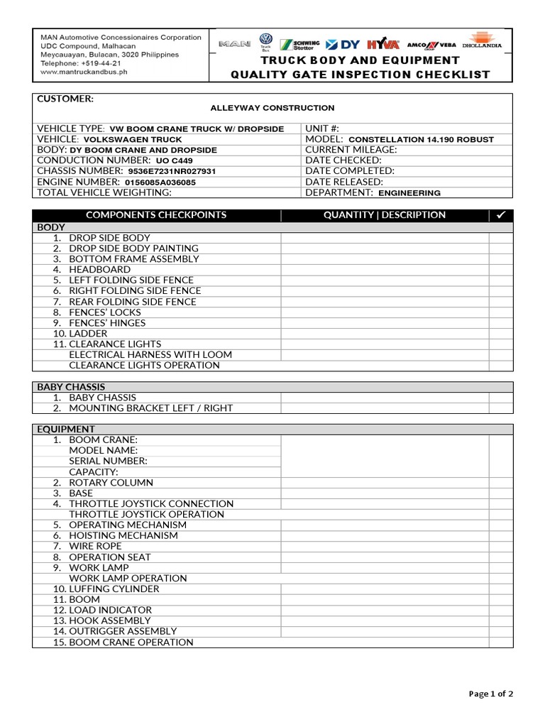 Quality Gate Inspection Checklist For Truck Body and Equipment 01!13
