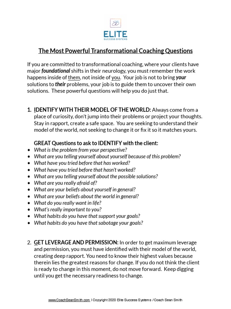 The Most Powerful Questions To Ask As A Transformational Coach PDF