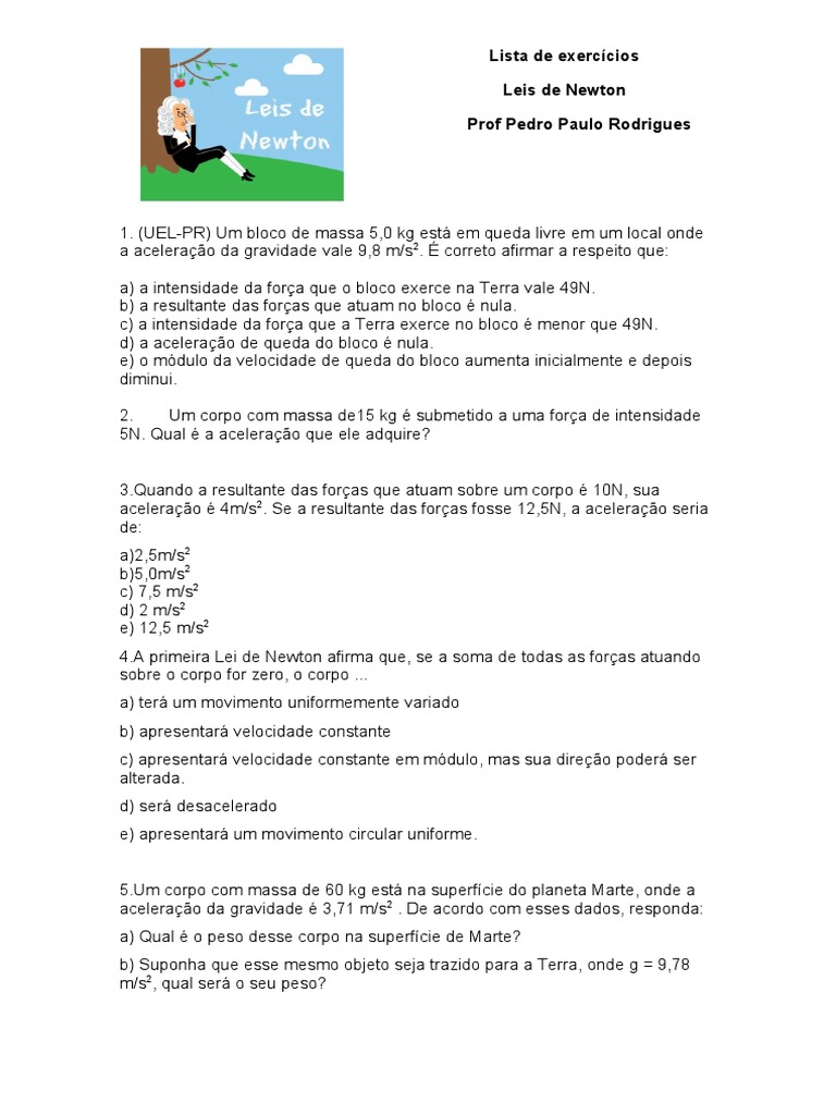 Exercícios sobre as Leis de Newton | PDF | Leis do Movimento de Newton ...