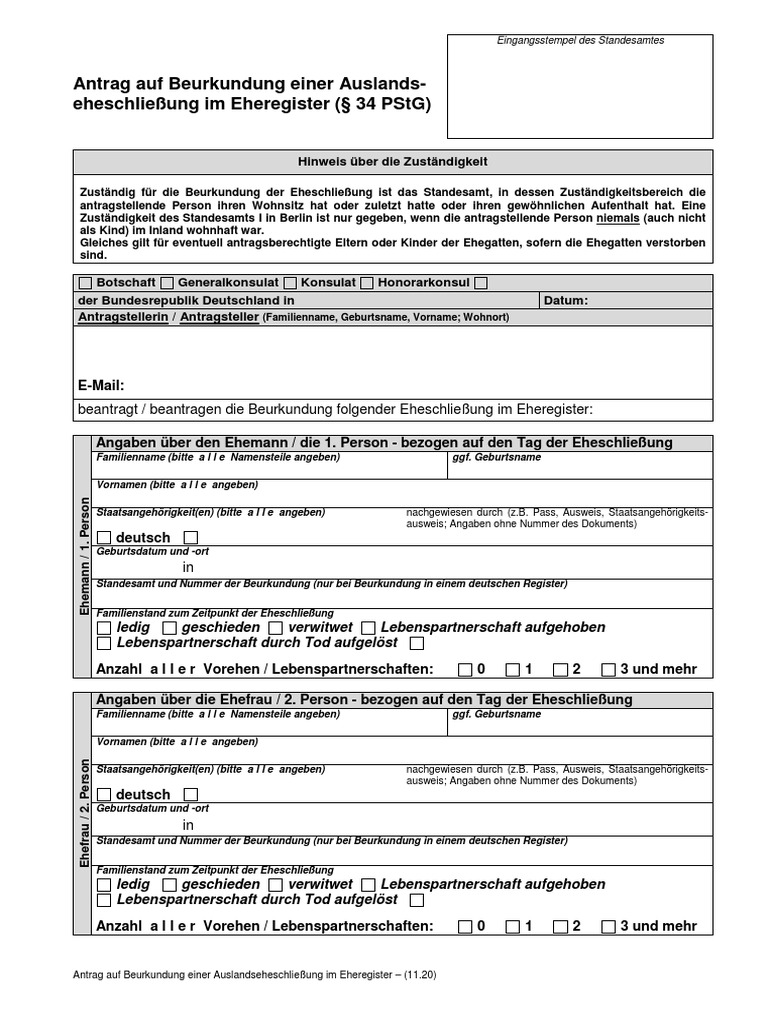 Antrag Auf Beurkundung Einer AuslandsEheschließung Im Eheregister ( 34