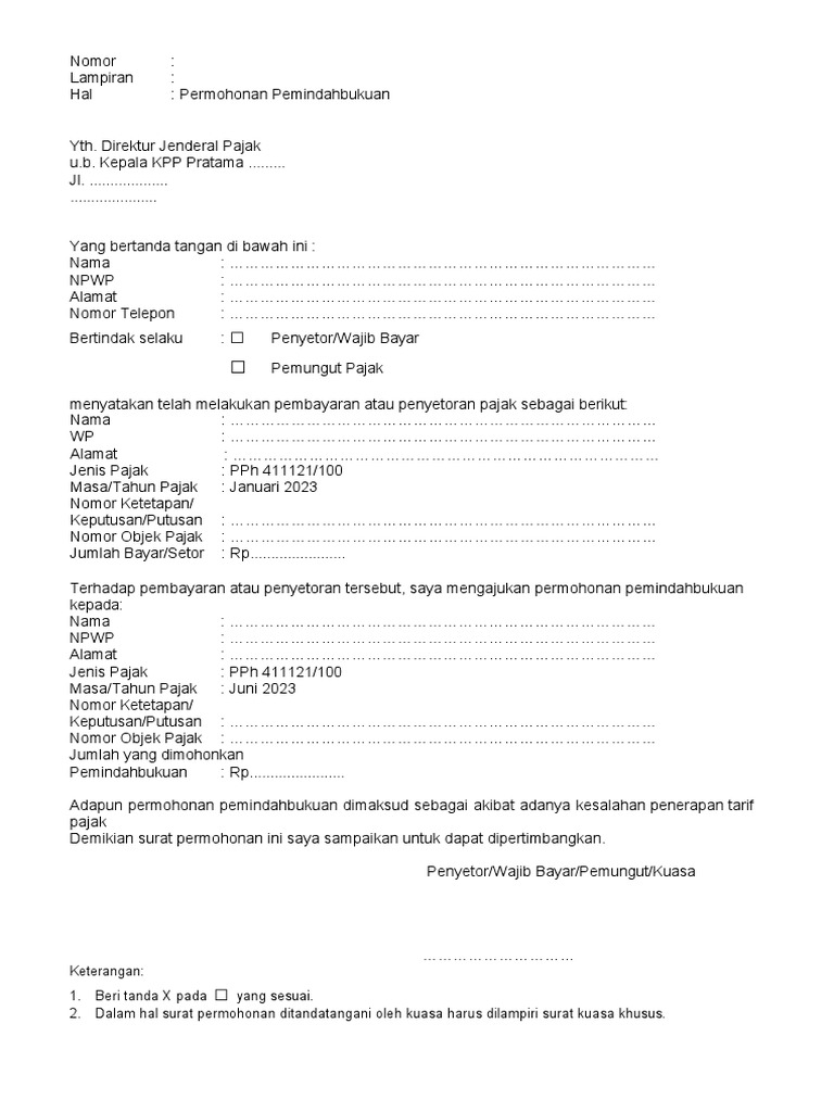 Permohonan Pemindahbukuan Pajak | PDF