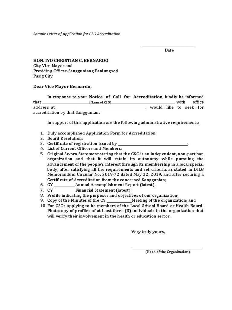 Sample Letter of Cso Accreditation PDF