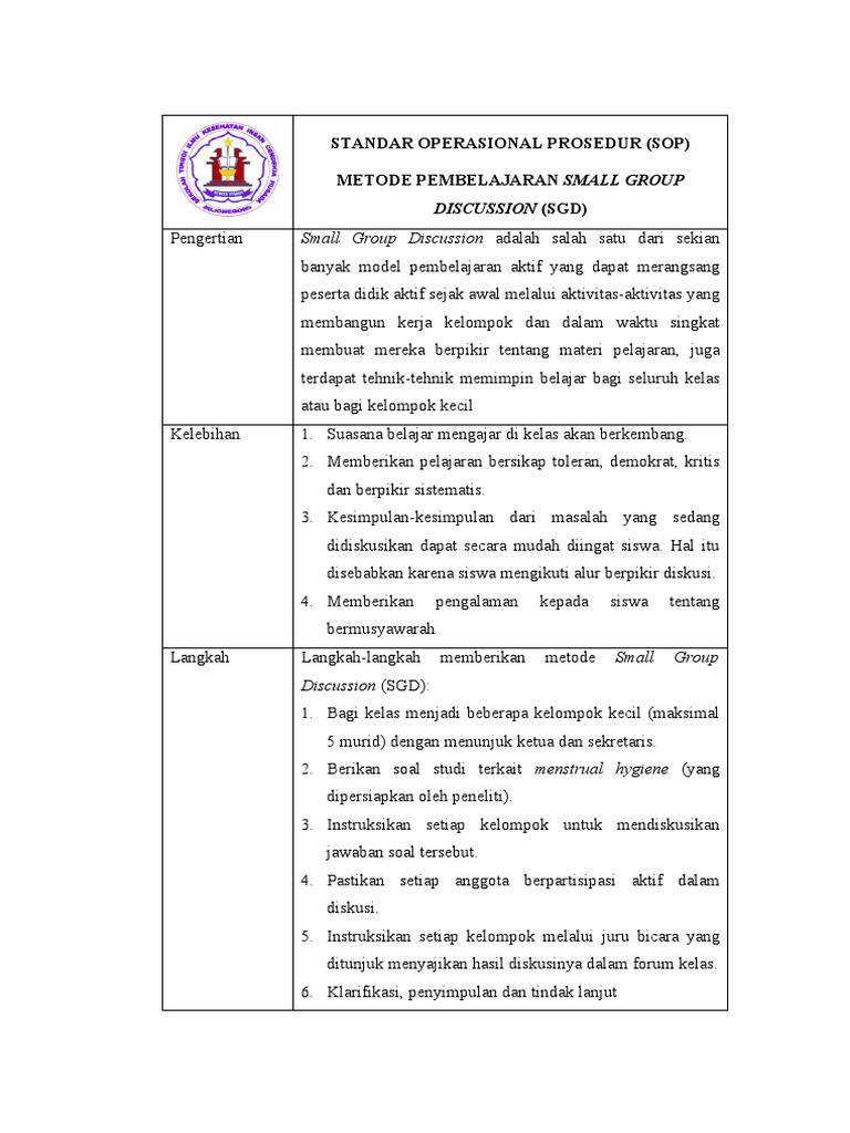 Sop Small Group Discussion Tentang Menstrual Hygiene Pdf