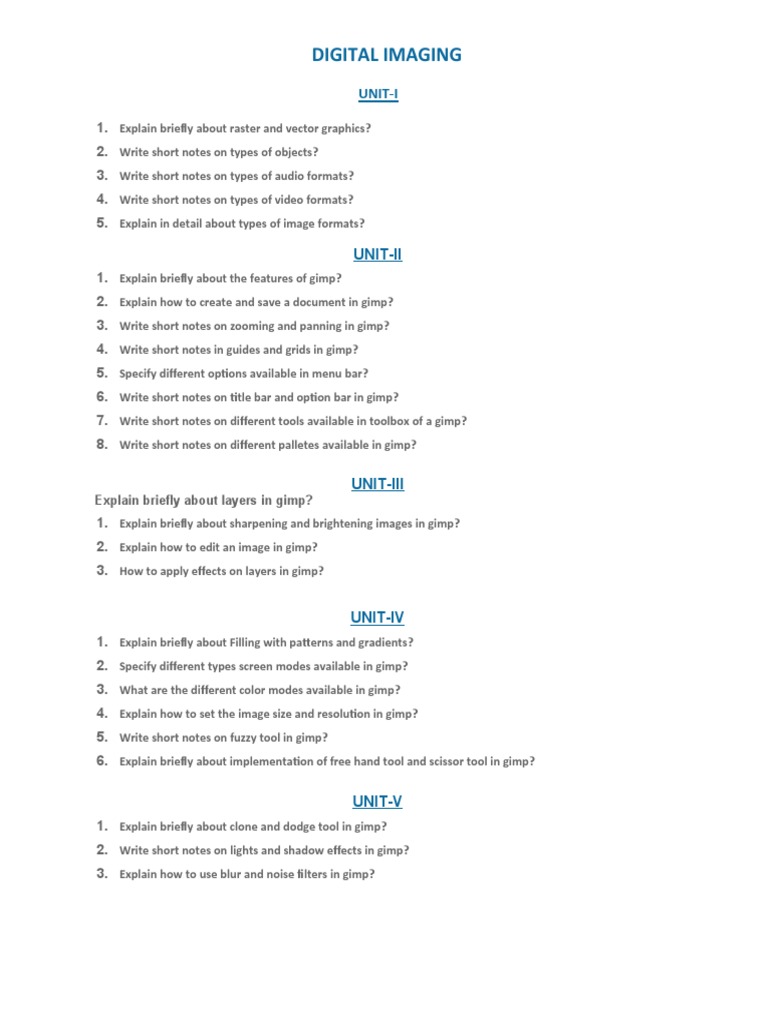 Digital Imaging Important Questions PDF