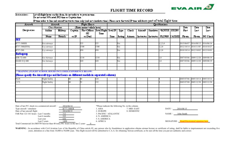 Flight Time Record Submission Form | PDF | Flight Instructor | Airliner