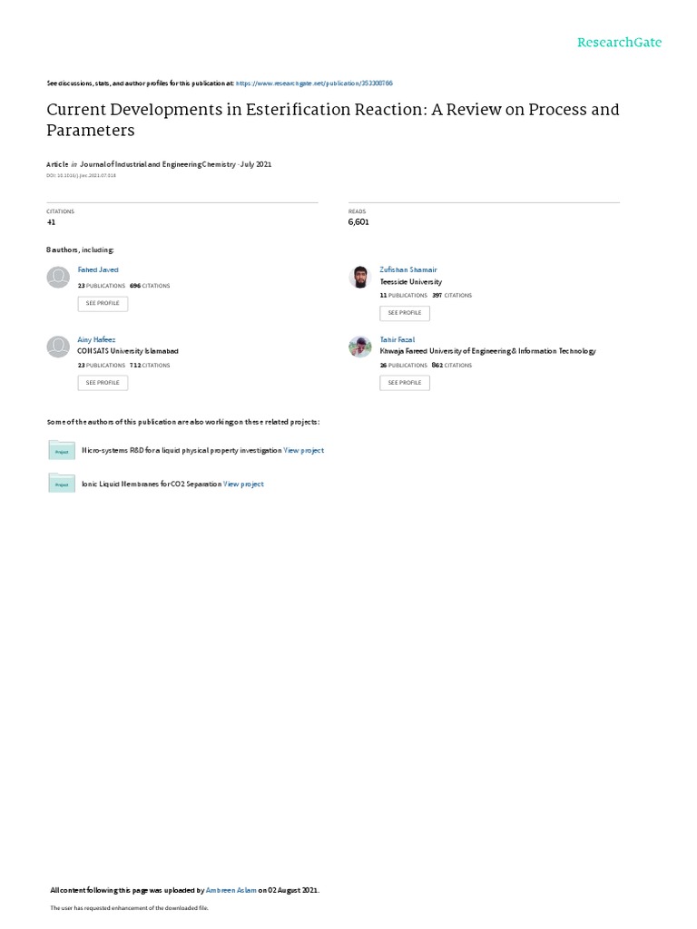 CURRENT DEVELOPMENTS IN ESTERIFICATION REACTION A REVIEW ON visual data 2