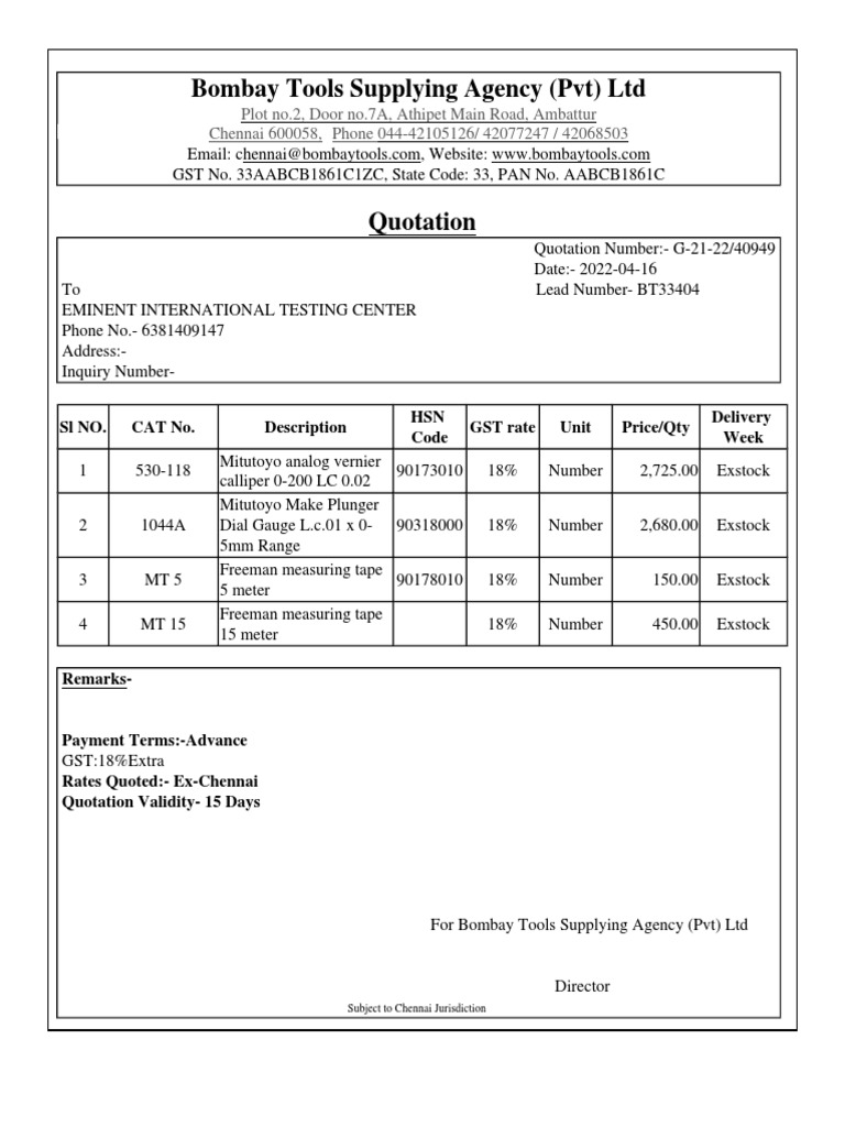 Quotation for Measuring Tools Supply | PDF