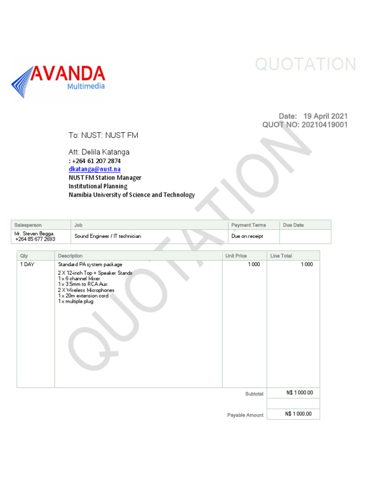 NUST FM Quotation for PA System Rental | PDF