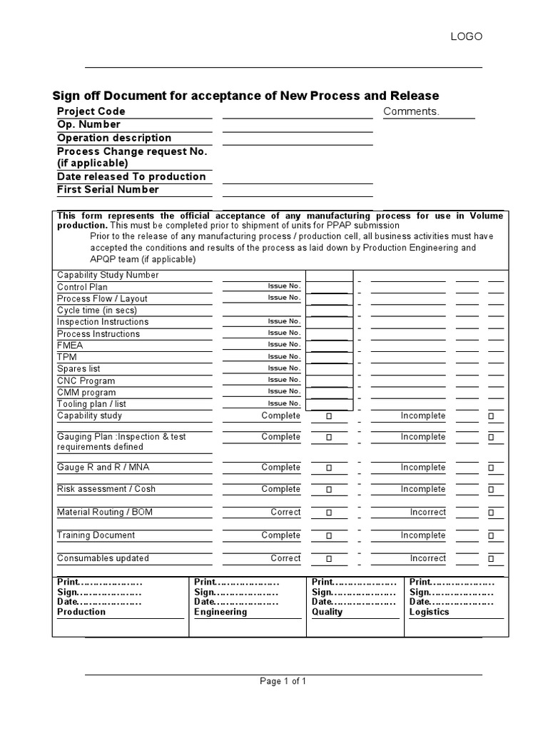 Manufacturing Process Acceptance Form | PDF | Engineering | Systems ...
