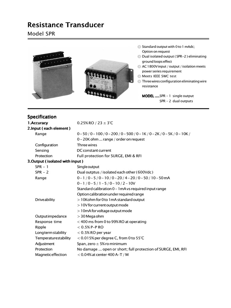 SPR Resistance Transducer | PDF | Electrical Resistance And Conductance ...
