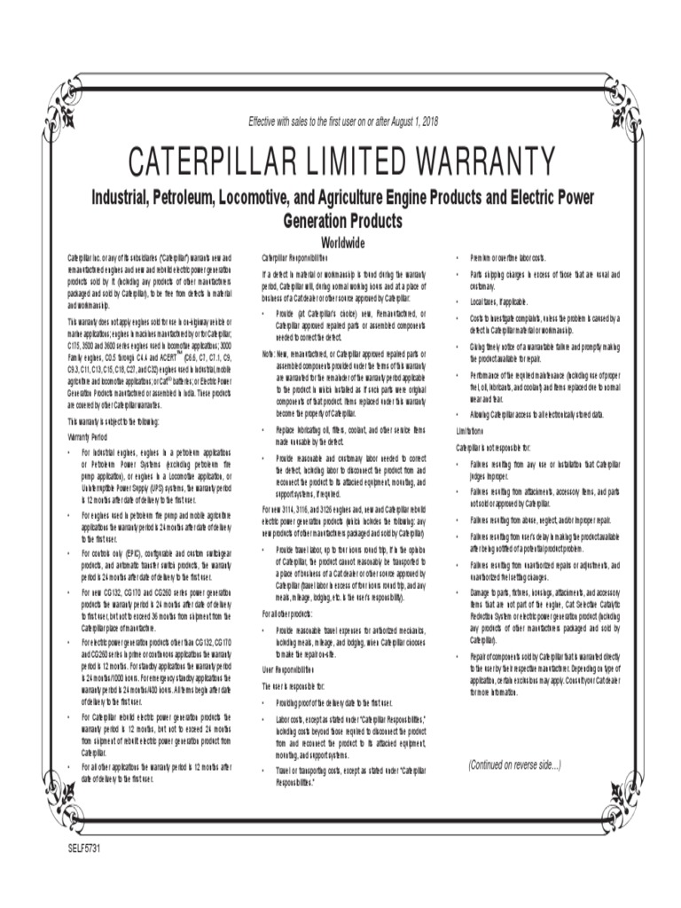 D74a20 CATERPILLAR WARRANTY STATEMENT SELF5731 PDF Legal
