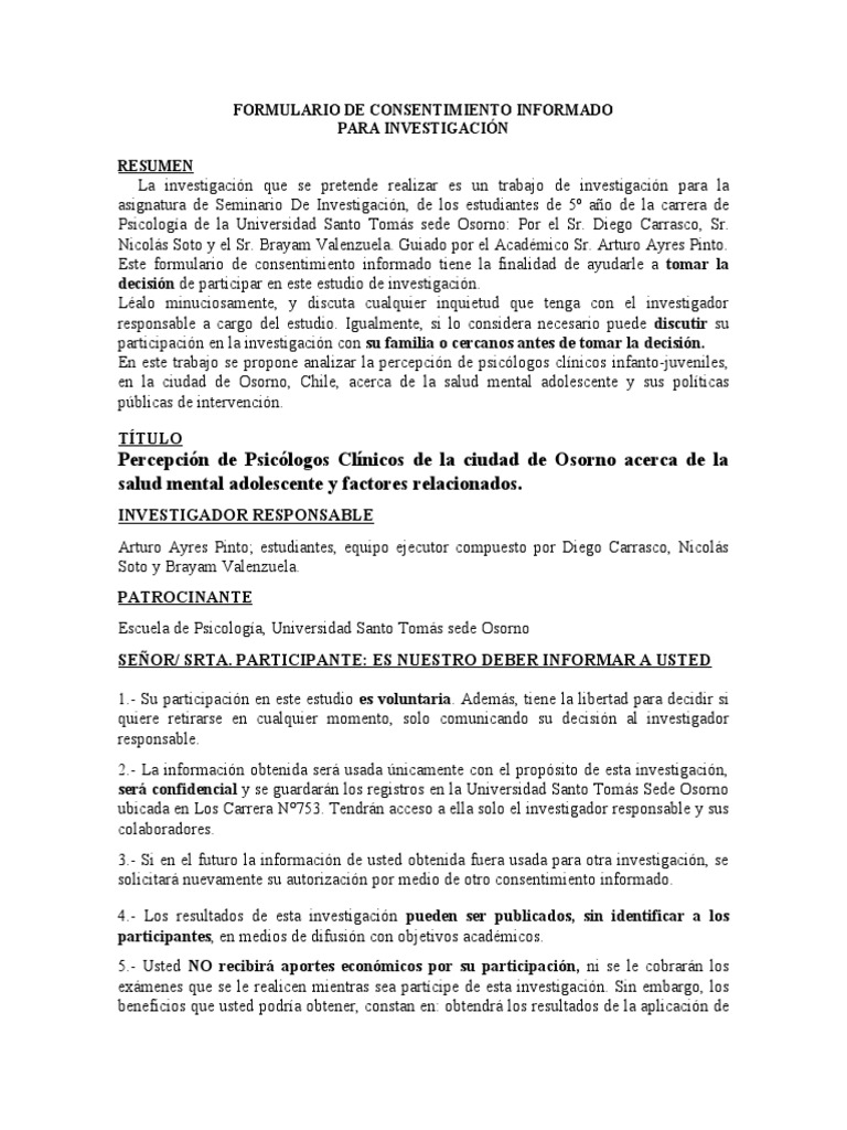 Consentimiento Informado para Investigación | PDF | Sicología ...
