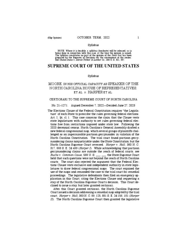 Supreme Court Ruling in Moore v. Harper PDF Article One Of The
