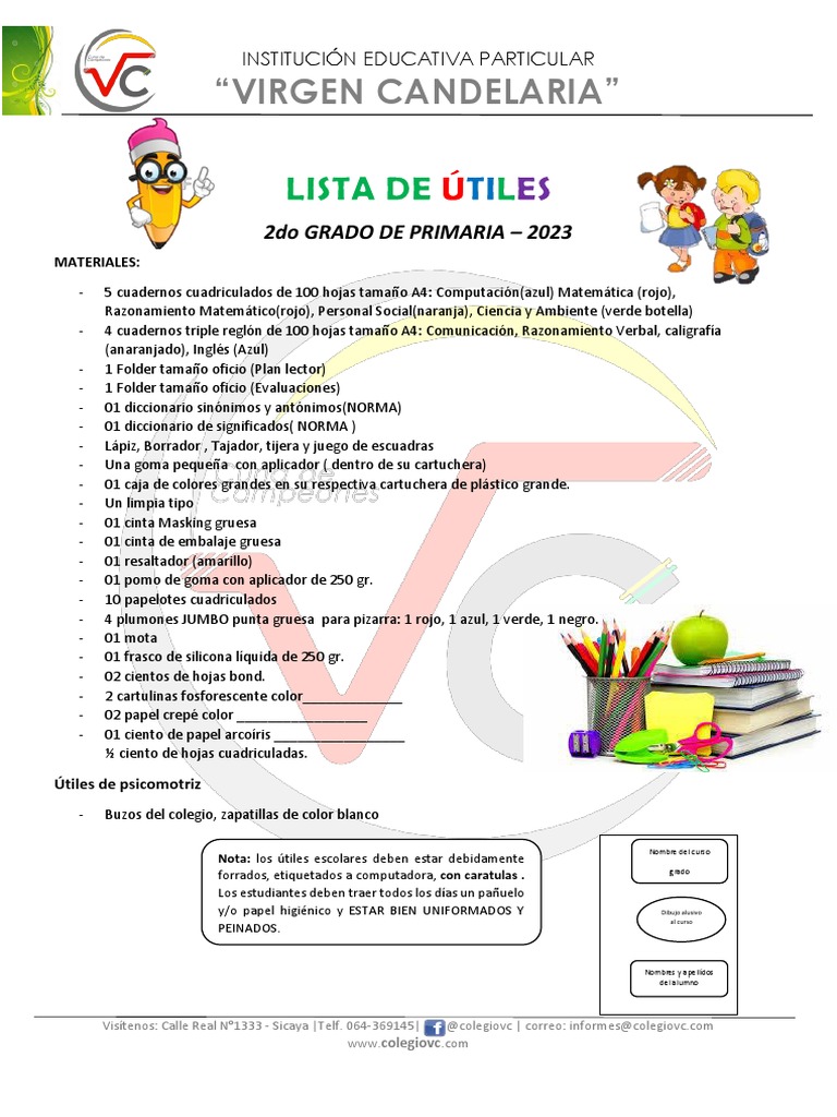 Lista de Utiles 2do Primaria Original... | PDF | Tecnicas artisticas ...