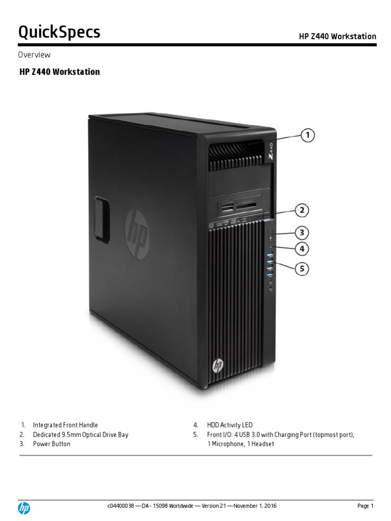 Quickspecs HP Z440 Workstation PDF Solid State Drive Usb