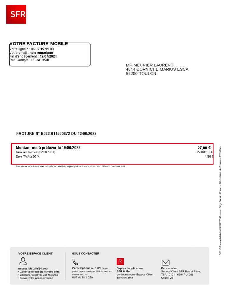 Facture SFR Fixe - Juin 2023 | PDF