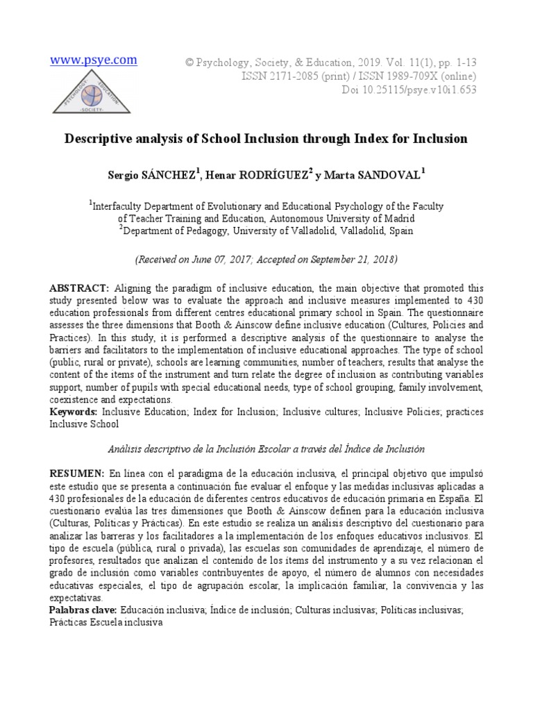 Descriptive analysis of school inclusion through index for inclusion