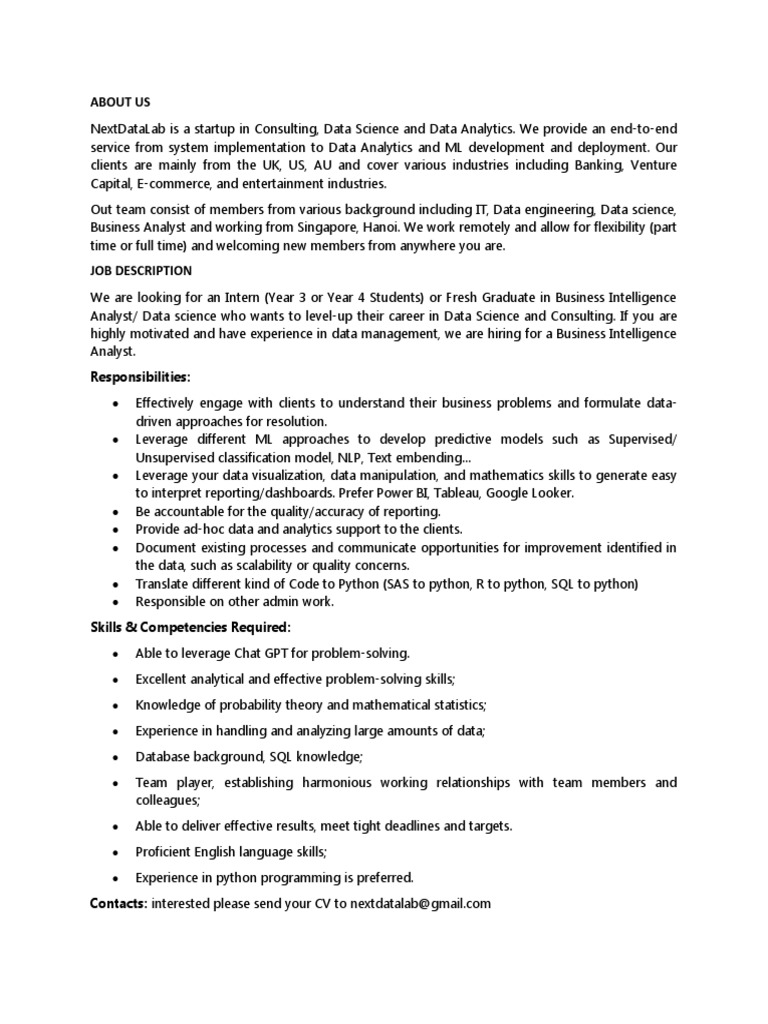 Business Intelligence Analyst Internship | PDF | Data | Business ...