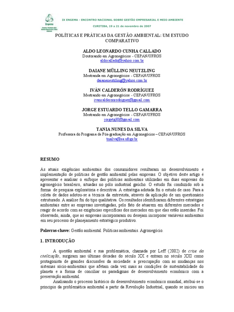 Políticas de Gestão Ambiental no Agronegócio | PDF | Gestão de recursos ...