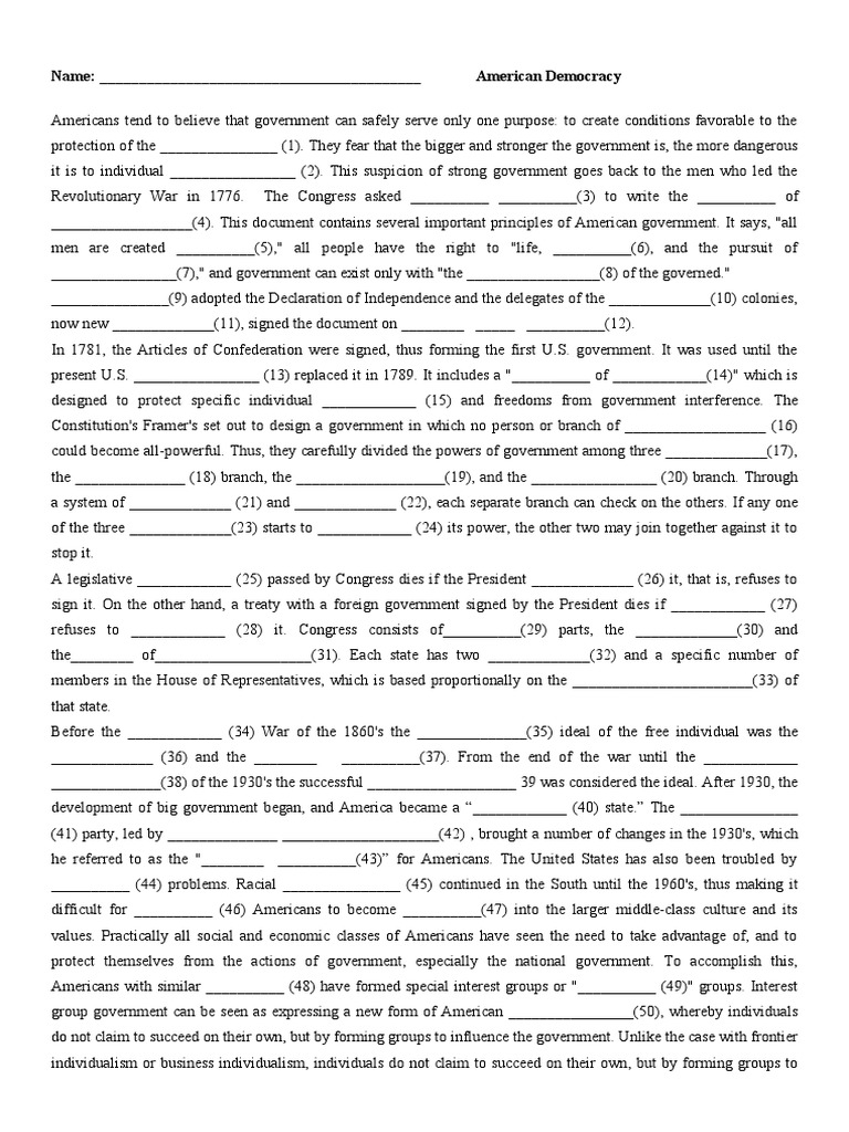 American Democracy HW Ex. Fill in The Gaps by Hand Government and