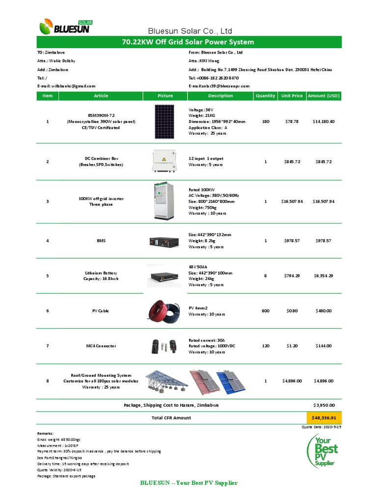 Quotation Of 70 22kw Off Grid Solar Solution From Bluesun Solar Kiki