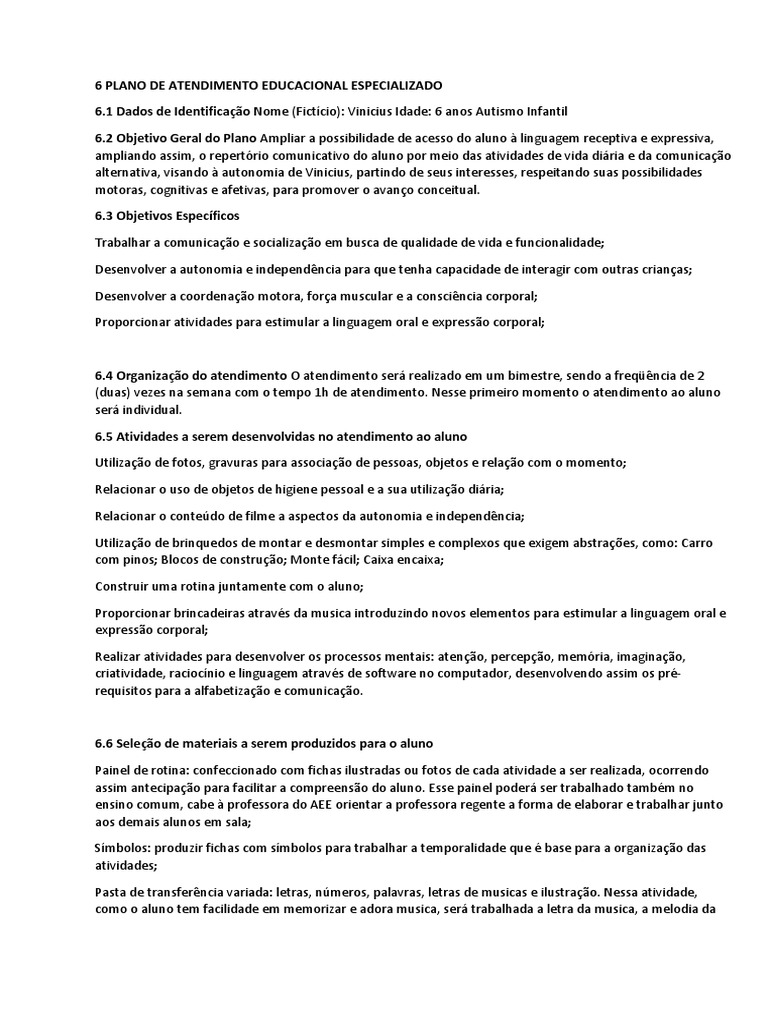 Plano de AEE para Autismo Infantil | PDF | Comunicação | Espectro do ...