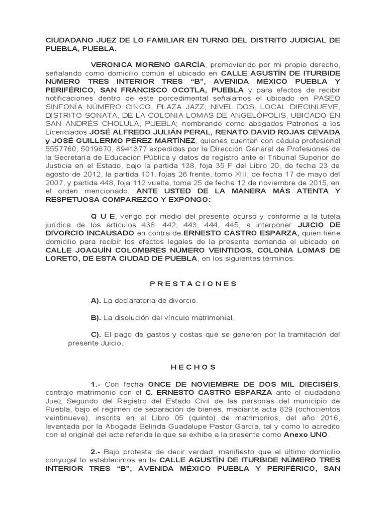 Demanda de Divorcio Incausado en Puebla | PDF | Divorcio | Bancos