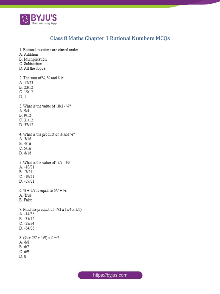 Class 8 Maths Chapter 1 Rational Numbers MCQs PDF
