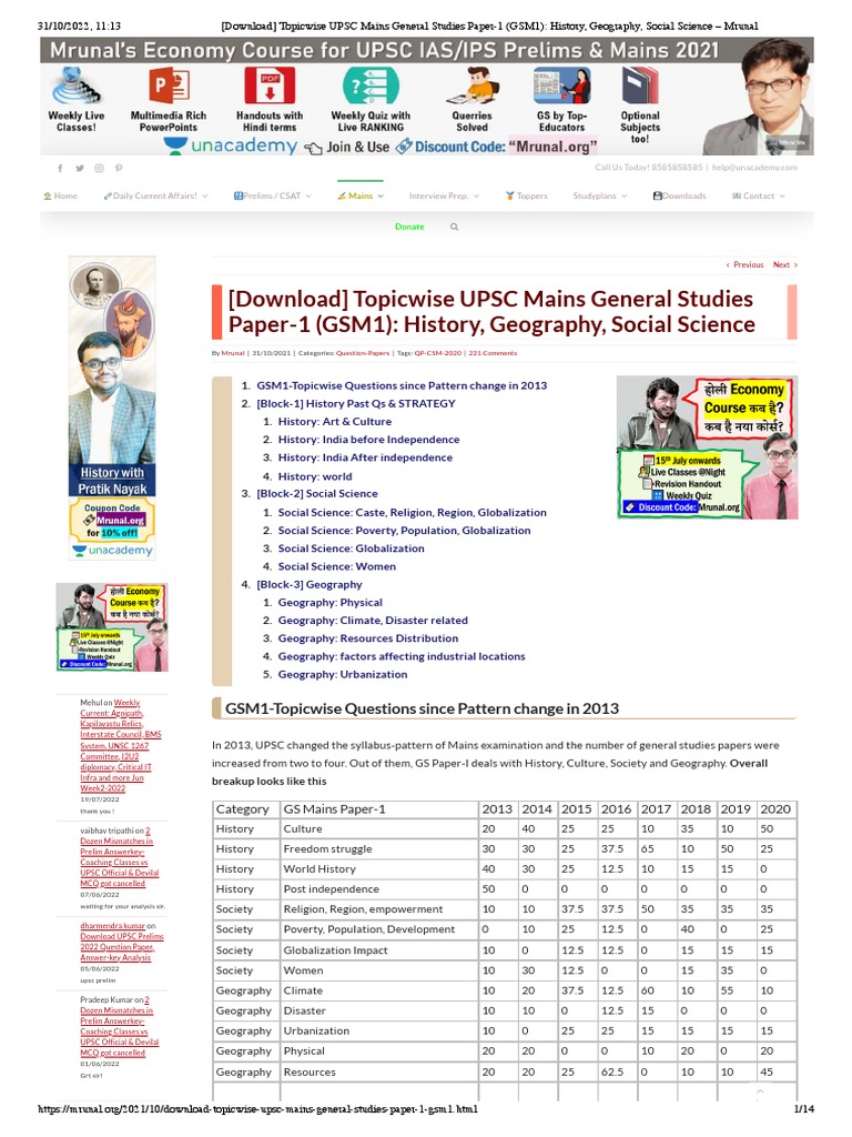 Download Topicwise Upsc Mains General Studies Paper 1 Gsm1
