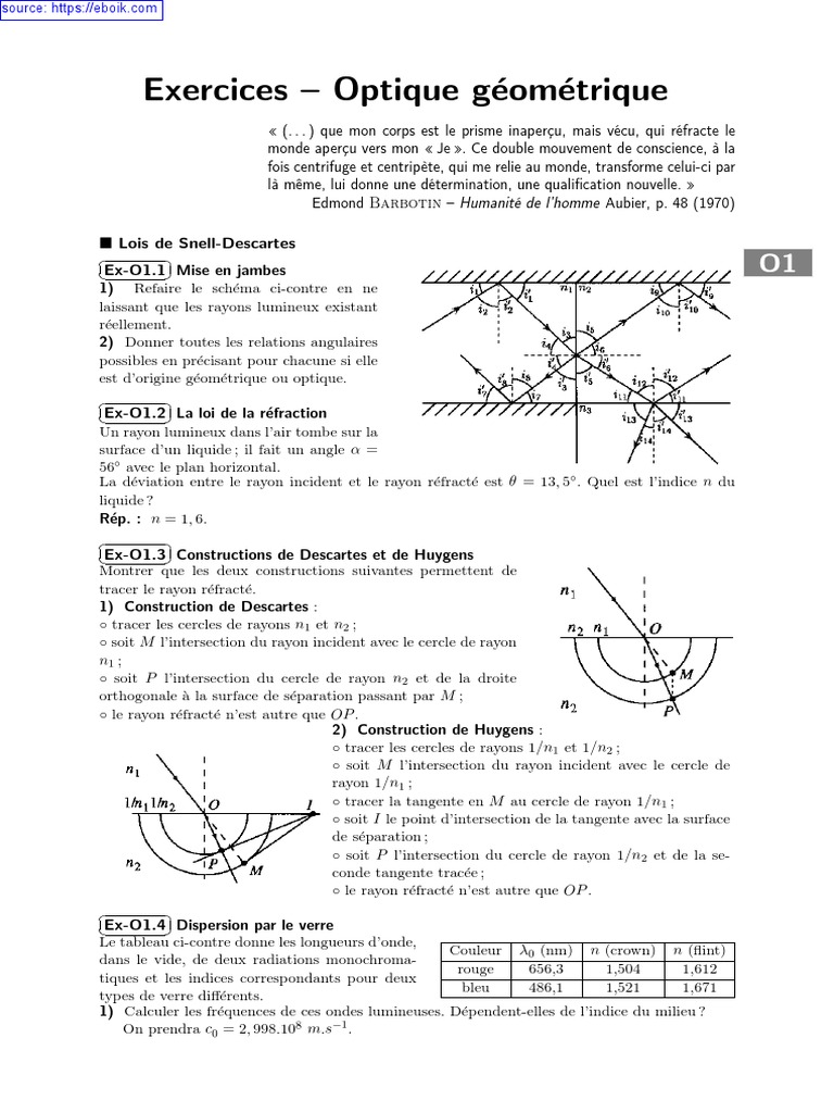 Quel Schema Represente Bien Le Trajet D Un Pinceau Lumineux Optique Geometrique Exercices 1 | PDF | Indice de réfraction | Réfraction