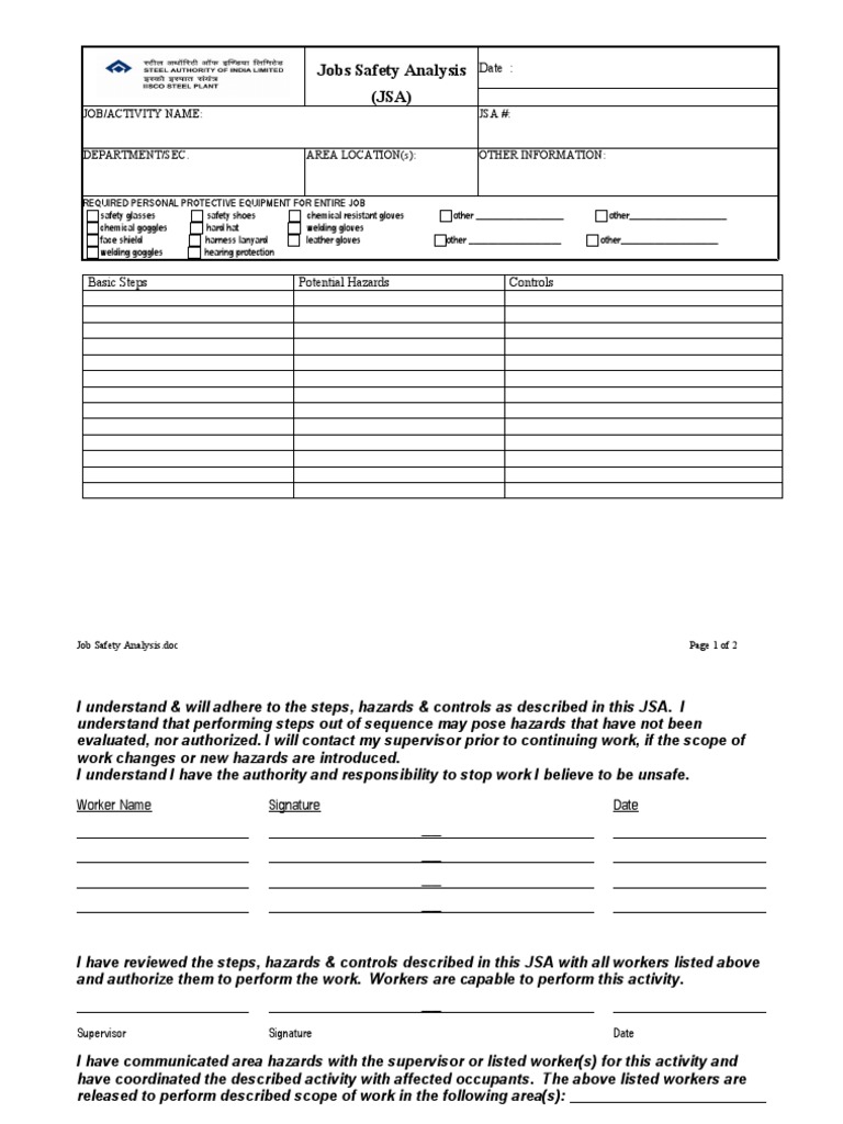 Job Safety Analysis Jsa Form (3) For Merge PDF Labor Relations Workplace