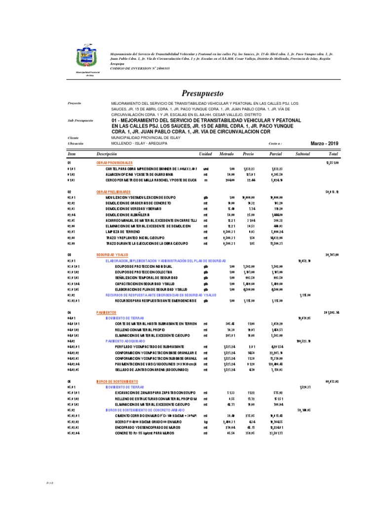03 Presupuesto | Descargar gratis PDF | Infraestructura vial | La carretera