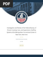 Investigation and Review of The Federal Bureau of Prisons' Custody, Care, and Supervision of Jeffrey Epstein at The Metropolitan Correctional Center in New York, New York