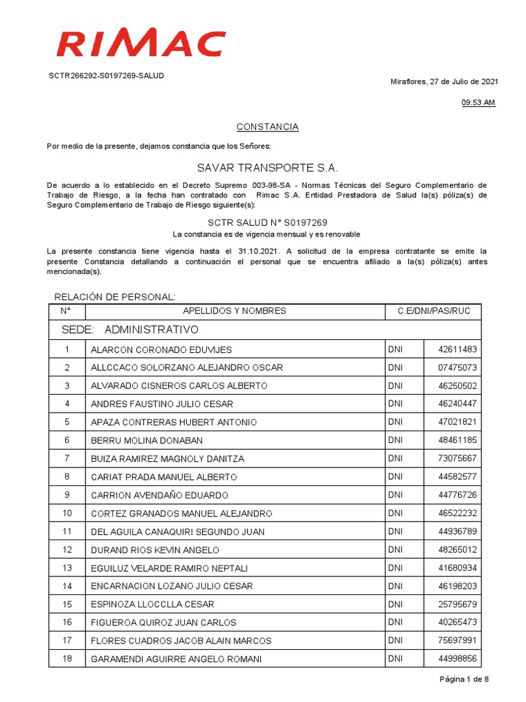 Constancia de Seguro SCTR 2021 | PDF