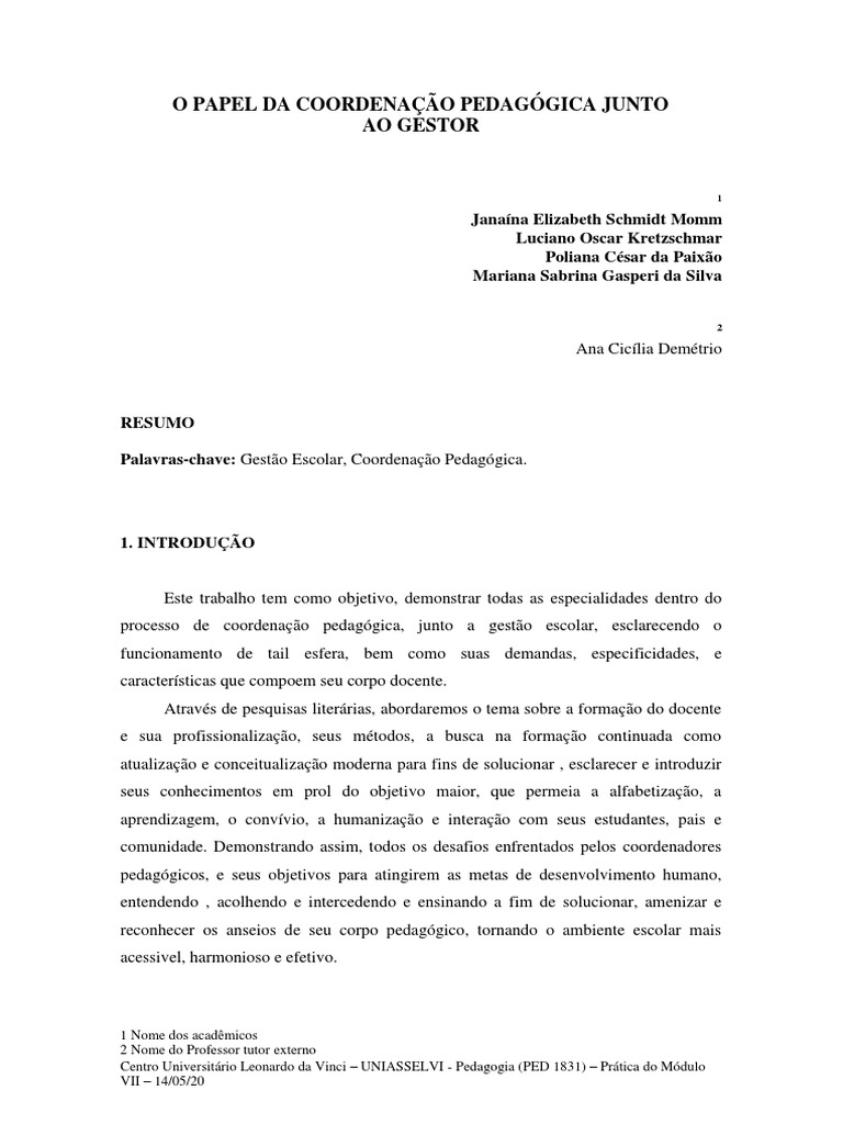 Coordenação Pedagógica e Gestão Escolar | PDF | Pedagogia | Aprendizado