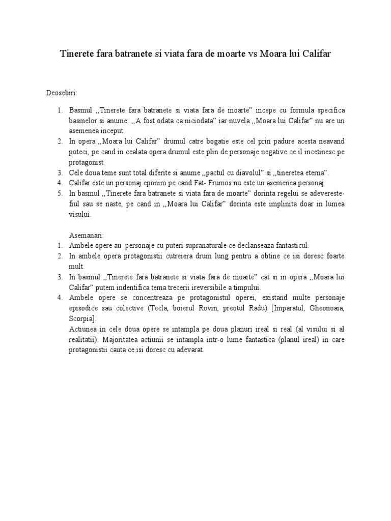 Rezumat Tinerete Fara Batranete Si Viata Fara De Moarte Scurt Tinerete Fara Batranete Si Viata Fara de Moarte Vs Moara Lui Califar | PDF