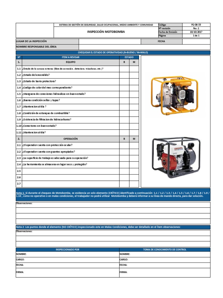 F-33 Check List Motobomba Rev 1 | PDF