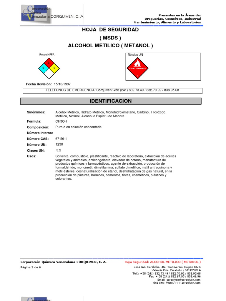 Msds MsdsAlcohol Meitilico Metanol Methanol Ethanol