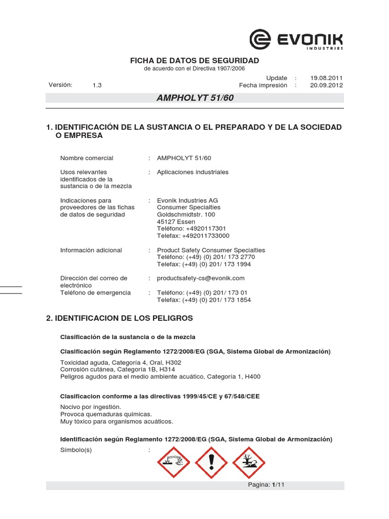 MSDS - Ampholyt 51 Tego 51 | PDF | Toxicidad | Agua