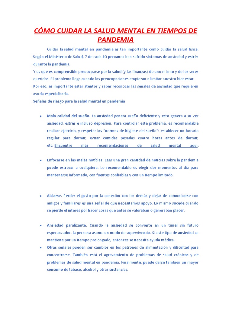 Cuidado de la salud mental en pandemia | PDF | Ansiedad | Salud mental