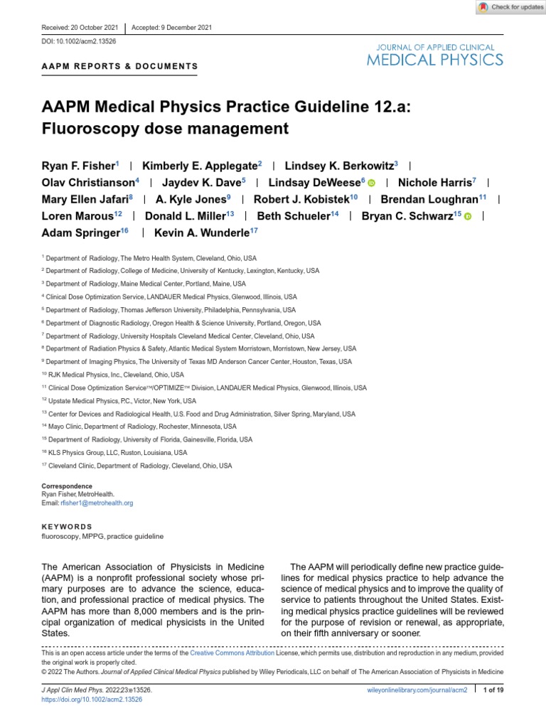 J Applied Clin Med Phys 2022 Fisher AAPM Medical Physics Practice Guideline 12 A
