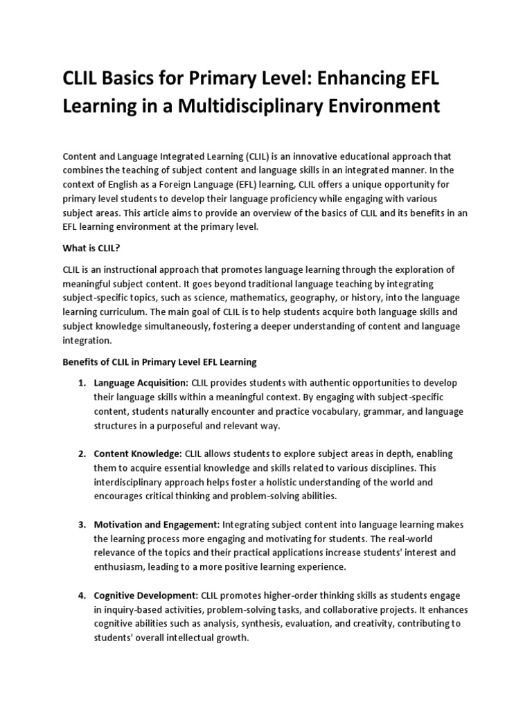 CLIL for Primary EFL: Key Benefits | PDF | Learning | English As A ...